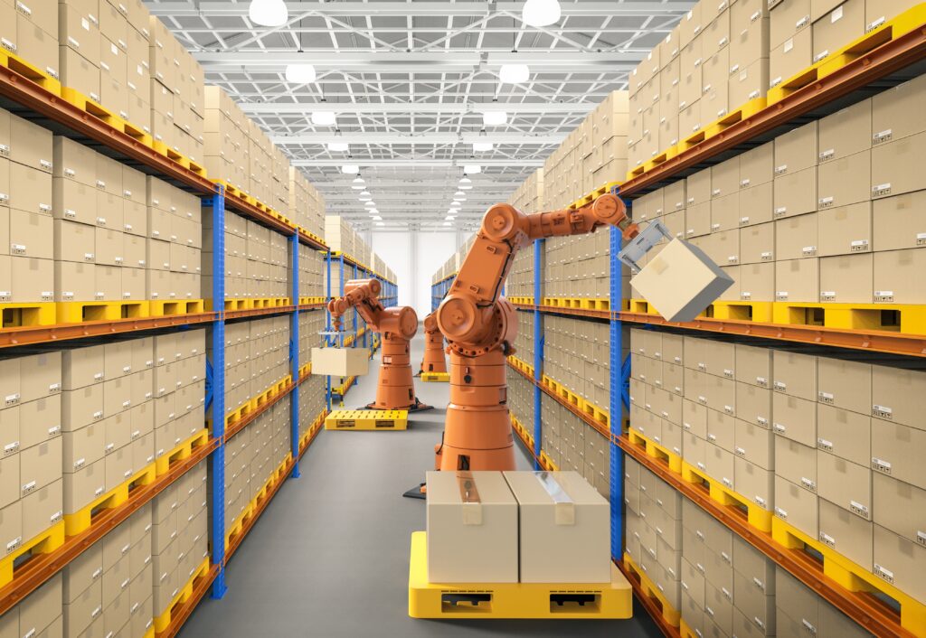 An automated gantry crane (robot) handling materials in a warehouse.