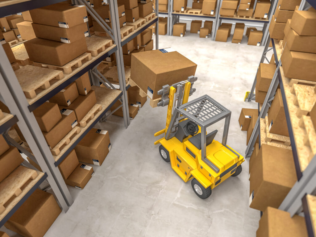  A high-bay warehouse with an automated forklift and racking illustrates vertical AS/RS systems, which maximize space and enable rapid picking.