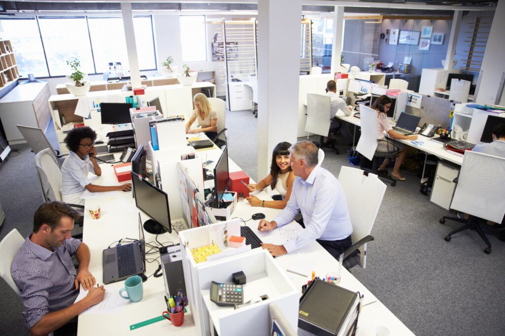 The team working in the office at their desks and answering phone calls.