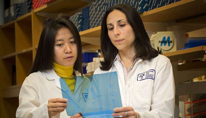 Two researchers discussing data