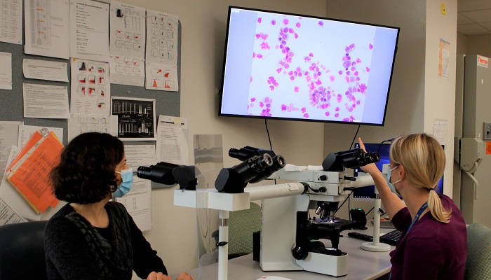 Residents sitting at table reviewing monitor