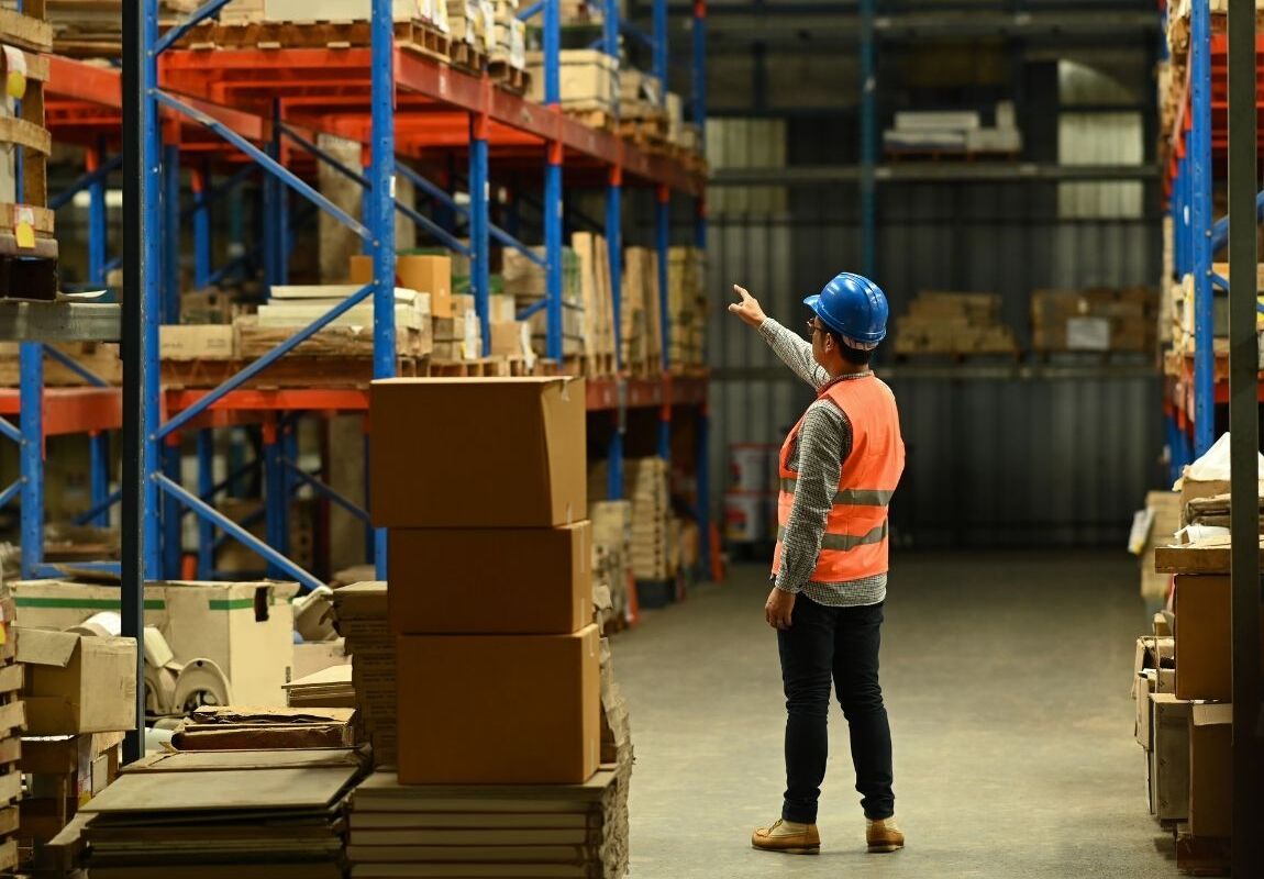 Retail employee stacking boxes in a flexible warehouse.
