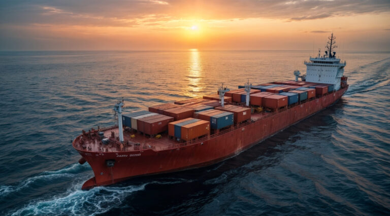 Container ship carrying intermodal shipping containers at sunset – efficient global freight transport.