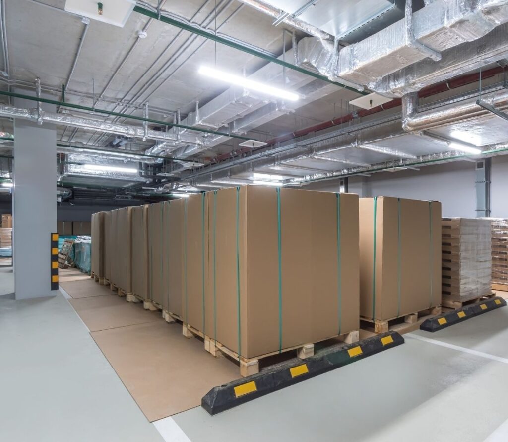 Completed pallet rework stacks prepared for outbound shipping at an Edmonton distribution center.