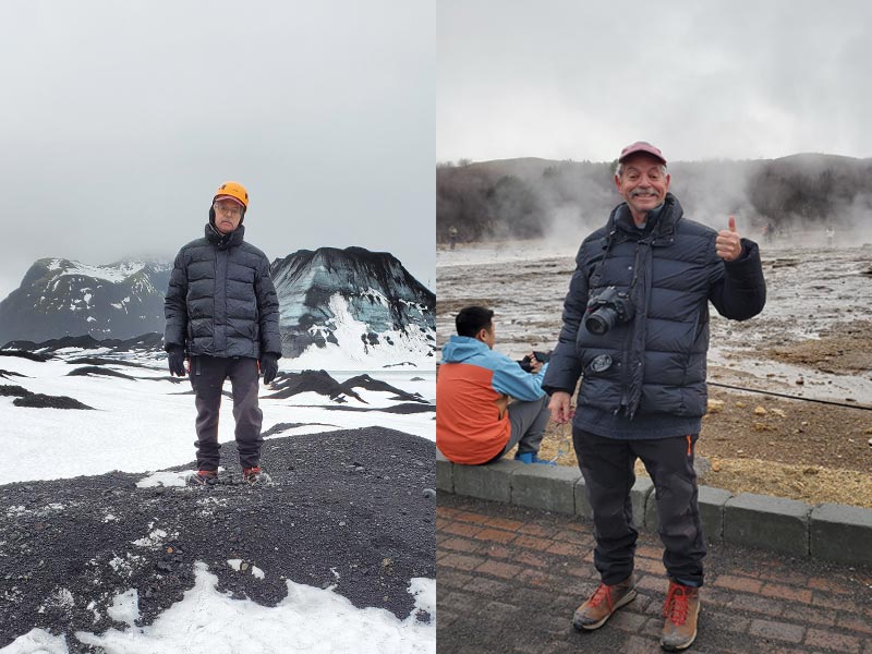 A person posed for a photo by glaciers and ice caves in  Iceland