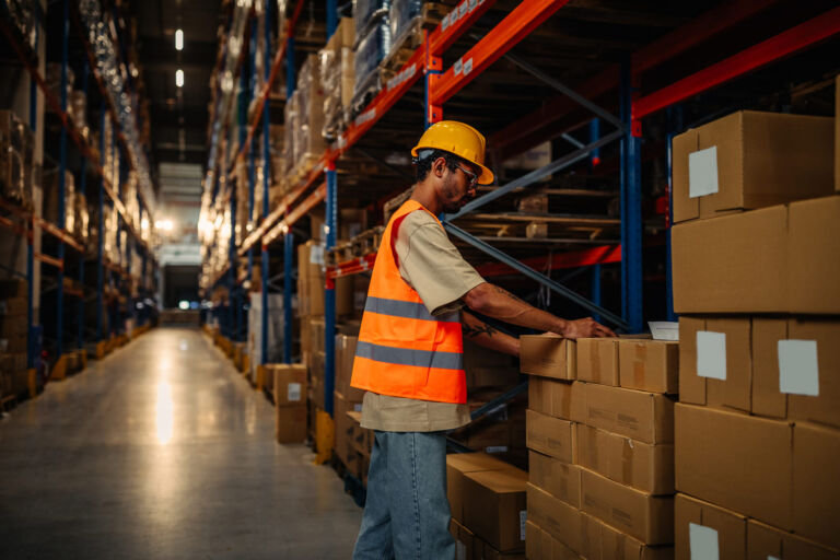 Shared warehouse space with shelves, boxes, and workers packing orders