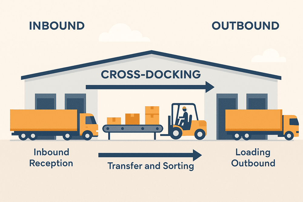 Illustration of the cross-docking process showing goods being unloaded at a receiving dock, transferred through a warehouse via conveyor and forklifts, and reloaded at a shipping dock for outbound transport.