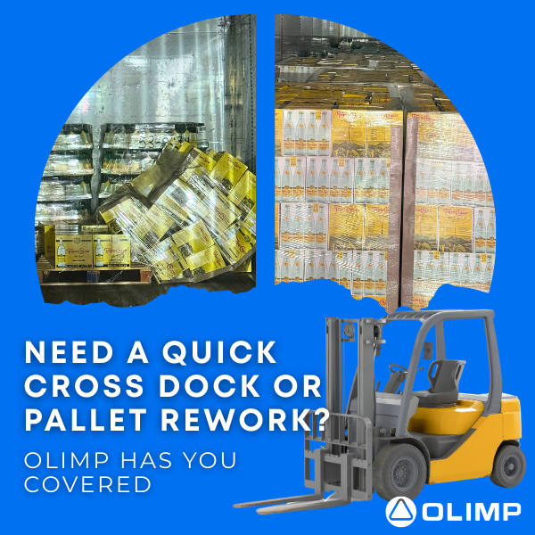 Food and beverage pallets being cross-docked and reworked in a clean warehouse facility