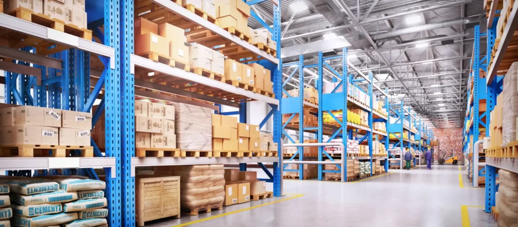 Modern Los Angeles warehouse with stacked pallets and shelves, illustrating 3PL logistics and inventory storage solutions.